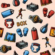 Boxing hand drawn color pattern - gloves shorts helmet round