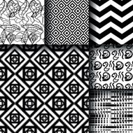 Set of 6 monochrome black and white seamless patterns