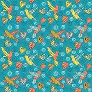 Cute seamless pattern with hearts flowers and birds