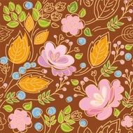Seamless pattern contour pink flowers yellow leaves brown background