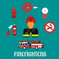 Firefighter profession color flat icons