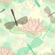 Seamless pattern with lotus flower and dragonflies