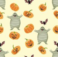 Seamless colorful background made of pumpkin mummy and bat N2