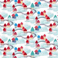 Dream house in clouds with stairs illustration pattern