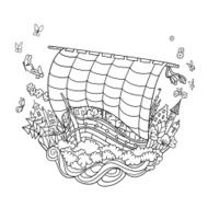 Sailing Boat on Waves in harbor vector decorative illustration hand