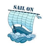 Sailing Boat on Waves vector decorative illustration hand drawn twirl