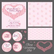 set of gentle wedding cards with rose heart