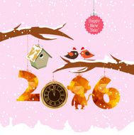 happy new year 2016 with birdhouse for winter Gold clock