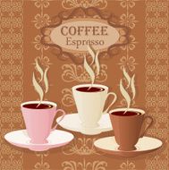 Three cups of coffee on a vintage background