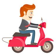 Funny hipster businessman character riding red scooter