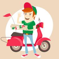 Funny pizza delivery boy in front of red motor bike