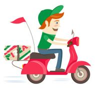 Funny pizza delivery boy riding red motor bike wearing uniform