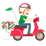 Funny pizza delivery boy riding red motor bike wearing uniform N2