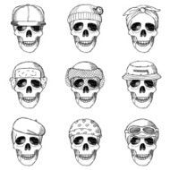 Set of hand drawn skulls with hats N2