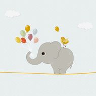 Cute elephant with balloons and bird on a wire