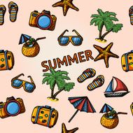 Seamless summer handdrawn pattern with - coconut cocktail fish star