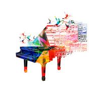 Colorful piano design with hummingbirds