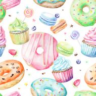 Watercolor pattern with macarons cupcakes donuts