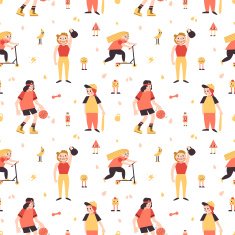 Sports girls minimalistic cartoon style vector seamless pattern N2