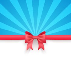 Blue beam background with cute red gift bow and ribbon