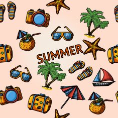 Seamless summer handdrawn pattern with - coconut cocktail fish star
