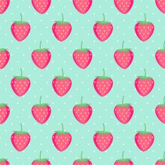Seamless background with pink strawberries on mint polka dots