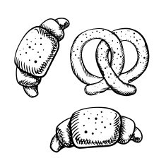 Tasty isolated croissants and pretzel