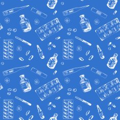 Blue seamless pattern with different medicine items