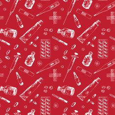Red seamless pattern with different medicine items