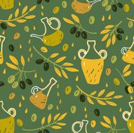 Seamless pattern made of olives bottles olive oil and branches
