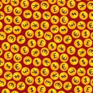 Golden coins with main worlds currency signs on red background