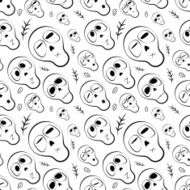 Seamless pattern black and white skulls with herbs