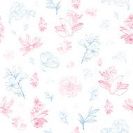 Vector Pastel Pink Blue Japanese Asian Floral Seamless Pattern