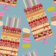 Big multilayer cake with candles and macaroons Seamless background pattern