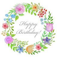 Watercolor vector wreath with flowers and leaves on white backgr