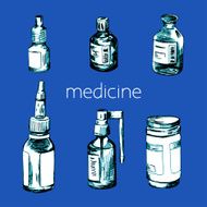 Hand drawn different medical bottles and spray N2