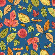 Vector seamless pattern of maple aspen oak elm leaf dragonfl