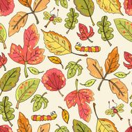 Vector seamless pattern of maple aspen oak elm leaf dragonfl N2
