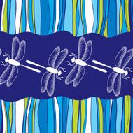 Seamless pattern with dotted dragonflies in white and stripes