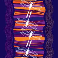 Seamless pattern with white dotted dragonflies and colorful stripes