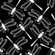 Seamless pattern with dotted dragonflies in white on the black