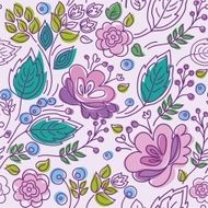 Seamless pattern lilac purple outline pink flowers emerald leaves
