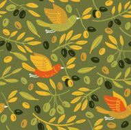 Seamless pattern made of birds leaves and olives