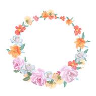 Retro round frame from roses painted in watercolor style