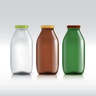 Realistic bottles of glass package for milk juice