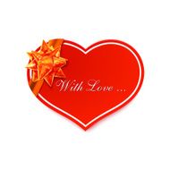 Red romantic card with golden bow heart from paper tape