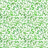 Green signs of world currencies on white seamless pattern
