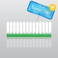 White fence and green grass on blue