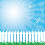 White fence and green grass on blue sky background N3