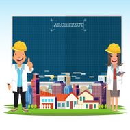architect and city landscape with a blueprint pape